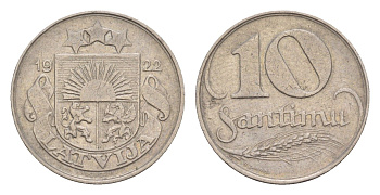 Латвия 10 сантимов 1922 год-тип KM 4 никель 4658-1233