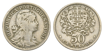 Португалия 50 сентаво 1951 голова Свободы вправо KM 577 никель латунь 4385-721