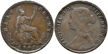 Великобритания 1/2 пенни 1861 Виктория (1837-1901) KM 748.2, Spink 3956 бронза 28-851