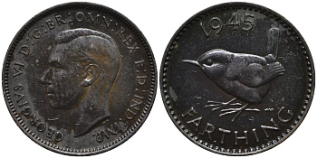 Великобритания 1 фартинг 1945 Георг VI (1936-1952) KM 843, Spink 4116 бронза 4171-536