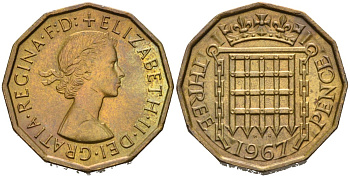 Великобритания 3 пенса 1967 Елизавета II (1952-2022) KM 900, Spink 4153 никель латунь 4561-1041