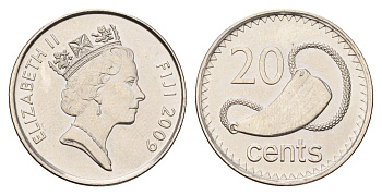 Фиджи 20 центов 2009 Елизавета II (1952-2022), китовый зуб KM 121 сталь плакированная никелем UNC 4698-1227