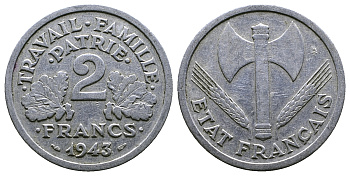 Франция 2 франка 1943 правительство Виши KM 904.1 алюминий 261-452