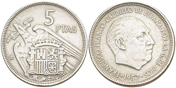 ИСПАНИЯ 5 ПЕСЕТ 1957 (65) ФРАНСИСКО ФРАНКО ДИКТАТОР ИСПАНИИ ( 1939- 1975) KM 786 медно-никель 216-645