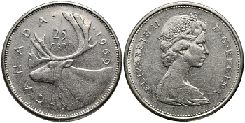 Канада 25 центов 1969 Елизавета II (1952-2022), олень KM 62 b никель 3336-242