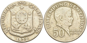 ФИЛИППИНЫ 50 СЕНТИМО 1972 МАРСЕЛО ДЕЛЬ ПИЛАР. ОБЫЧНАЯ ДВОЙКА KM 200 медь никель цинк 4551-1147