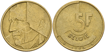 Бельгия 5 франков 1986 Belgie KM 164 алюминиевая бронза плакированная латунью    4187-426