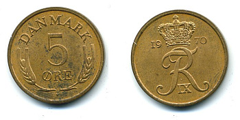 ДАНИЯ 5 ЭРЕ 1970 C; S, ФРЕДЕРИК IX (1947-1972) KM 848.1 бронза 25-442