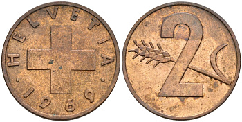 Швейцария 2 раппена 1969 KM 47 бронза 65-712