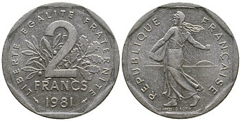 ФРАНЦИЯ 2 ФРАНКА 1981 СЕЯТЕЛЬ KM 942.1, LE FRANC 272.5 никель 51-4532