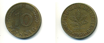 ФРГ 10 ПФЕННИГОВ 1950 F KM 108, J 383 сталь плакированная латунью 80-317