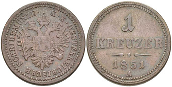 Австрия 1 крейцер 1851 A, Франц Иосиф I (1848-1916) KM 2185 медь 202-152