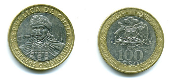 Чили 100 песо 2010 индейцы Мапуче KM 236 биметалл 41-145