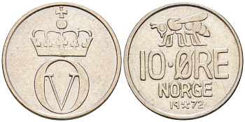 Норвегия 10 эре 1972 пчела, Улаф V (1958-1991) KM 411 медно-никель 4580-967