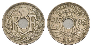 Франция 25 сантимов 1920 KM 867a медно-никель 4539-757