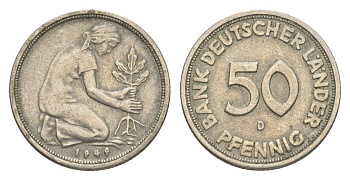 ФРГ 50 пфеннигов 1949 D KM 104, J. 379 медно-никель 4636-758