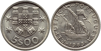 ПОРТУГАЛИЯ 5 ЭСКУДО 1983 ПАРУСНИК KM 591 медно-никель UNC 4395-917