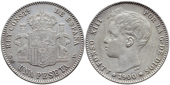 Испания 1 песета 1900 (00) SM-V, АЛЬФОНСО XIII (1886-1931) KM 706 (Y88) серебро 443-543