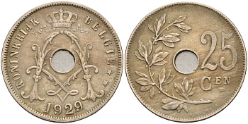 БЕЛЬГИЯ 25 САНТИМОВ 1929 BELGIE KM 69 медно-никель 4589-746