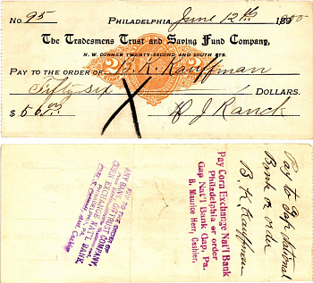 США чек на 56 долларов 1900 Филадельфия бумага 3295-73-3-1
