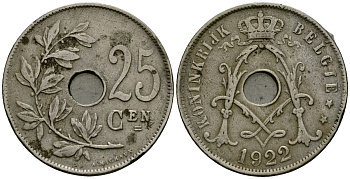 Бельгия 25 сантимов 1922 Belgie KM 69 медно-никель 4165-843