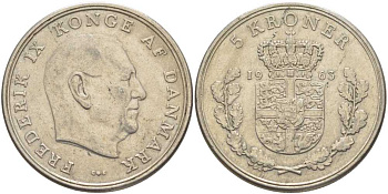 ДАНИЯ 5 КРОН 1963 C; S, ФРЕДЕРИК IX (1947-1972) KM 853.1 медно-никель 38-444