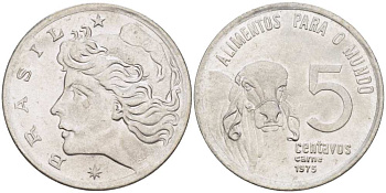Бразилия 5 сентаво 1975 ФАО, зебу KM 587.1 нержавеющая сталь 4514-314