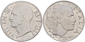 ИТАЛИЯ 20 ЧЕНТЕЗИМО 1941 R, ГОД XIX, ВИКТОР ЭММАНУИЛ III (1900-1946) KM 75b, VEM3. 1028 нержавеющая сталь 3853-917