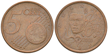 Франция 5 евроцентов 2000 KM 1284 сталь плакированная медью 4580-335