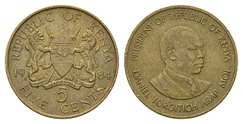 Кения 5 центов 1984 Дэниэл арап Мои KM 17 никель латунь 4114-426