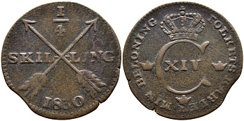 Швеция 1/4 скиллинга 1830 Карл XIV Юхан (1818-1844) KM 595 медь 4393-326