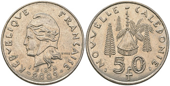 Французская Новая Каледония 50 франков 2009 хижина среди сосен и пальм, (IEOM) KM 13a, Schoen 15a, Lec 128i медно-никель 115-616