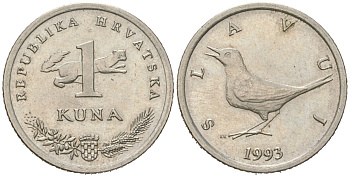 Хорватия 1 куна 1993 западный соловей, легенда на хорватском KM 9.1 медь цинк никель aUNC 4448-424