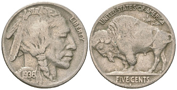 США 5 центов 1936 S, индеец, бизон KM 134 медно-никель 4614-1253