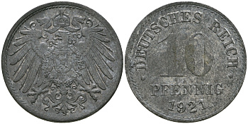 Германия 10 пфеннигов 1921 KM 26, J. 299 цинк 08-1369