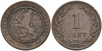 Нидерланды 1 цент 1878 Виллем III (1849-1890) KM 107 бронза 4576-537