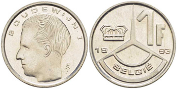 БЕЛЬГИЯ 1 ФРАНК 1993 BELGIE, БОДУЭН I (1951-1993) KM 171 железо плакированное никелем 3851-1144