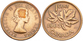 Канада 1 цент 1963 Елизавета II (1952-2022), кленовый лист KM 49 бронза 4547-1068