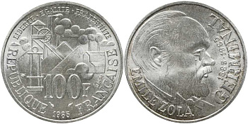 Франция 100 франков 1985 100 лет со дня рождения Эмиля Золя KM 957 серебро UNC 633-1831