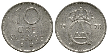 Швеция 10 эре 1970 U Густав VI Адольф (1950-1973) KM 835 медно-никель 3458-151