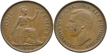 Великобритания 1 пенни 1948 Георг VI (1936-1952) KM 845, Spink 4114 бронза 32-231