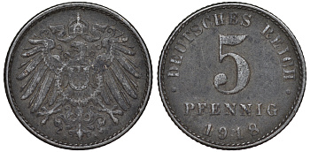 ГЕРМАНИЯ 5 ПФЕННИГОВ 1918 A KM 19, J. 297 железо 45-1147