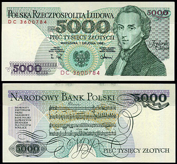 Польша 5000 злотых 1988 Pick 150 c бумага UNC (пресс) 7222-26-3-2
