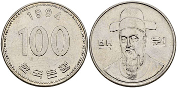 Южная Корея 100 вон 1994 Ли-Сунсин, корейский флотоводец KM 35.2 медно-никель 4511-951
