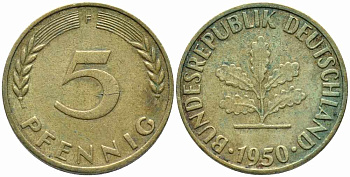ФРГ 5 ПФЕННИГОВ 1950 F KM 107, J. 382 сталь плакированная латунью 112-149