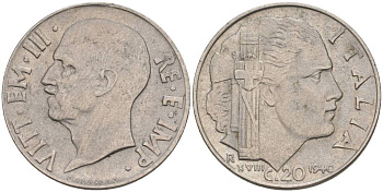 ИТАЛИЯ 20 ЧЕНТЕЗИМО 1940 R, ГОД XVIII, ВИКТОР ЭММАНУИЛ III (1900-1946), СЛАБО МАГНИТНАЯ, ГУРТ РИФЛЁНЫЙ KM 75d, VEM3. 1026a) нержавеющая сталь 3853-534