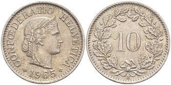 Швейцария 10 раппенов 1965 В KM 27 медно-никель 55-344