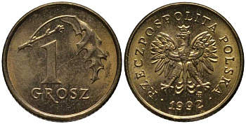 ПОЛЬША 1 ГРОШ 1992 MW KM 276 латунь UNC 4396-242