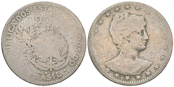 Бразилия 200 реалов 1901 MCMI, голова свободы вправо KM 504 медно-никель 4612-114