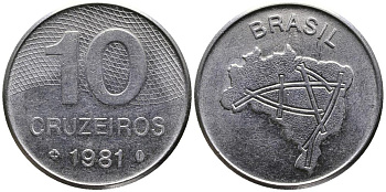 Бразилия 10 крузейро 1981 карта Бразилии KM 592.1 нержавеющая сталь 3336-847